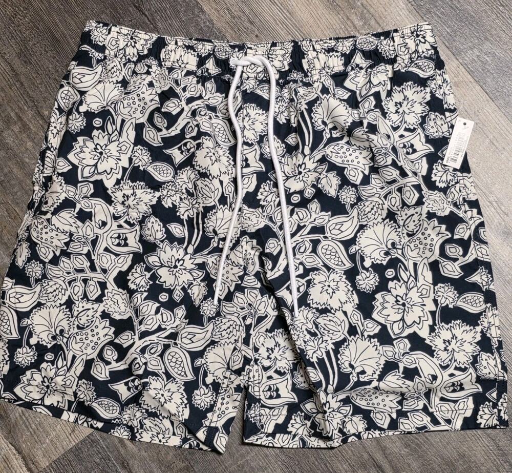 Amazon Essentials Men's Swim Trunks XL Navy Folk Floral Mesh Lining Quick Dry